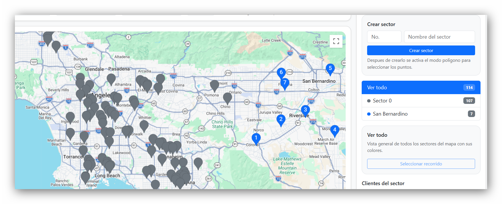 Mapping system view with sectors, clients, and control panel